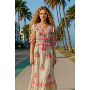 NWT Papa Pia bright neon floral embroidered maxi dress S